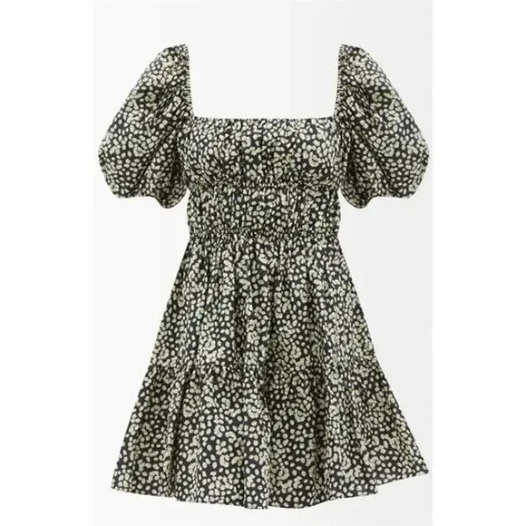 Matteau Shirred Peasant Puff Sleeve Mini Dress Midnight Daisy Cotton Size 2 US - Picture 5 of 10